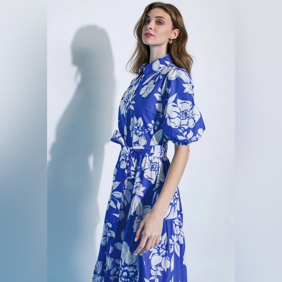 Flying Tomato Royal Blue & White Floral Button-Front Midi Dress - Picture 4 of 12